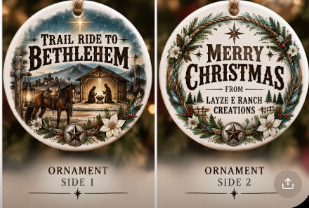 Trail Ride to Bethlehem 2026 ornament showing both sides
